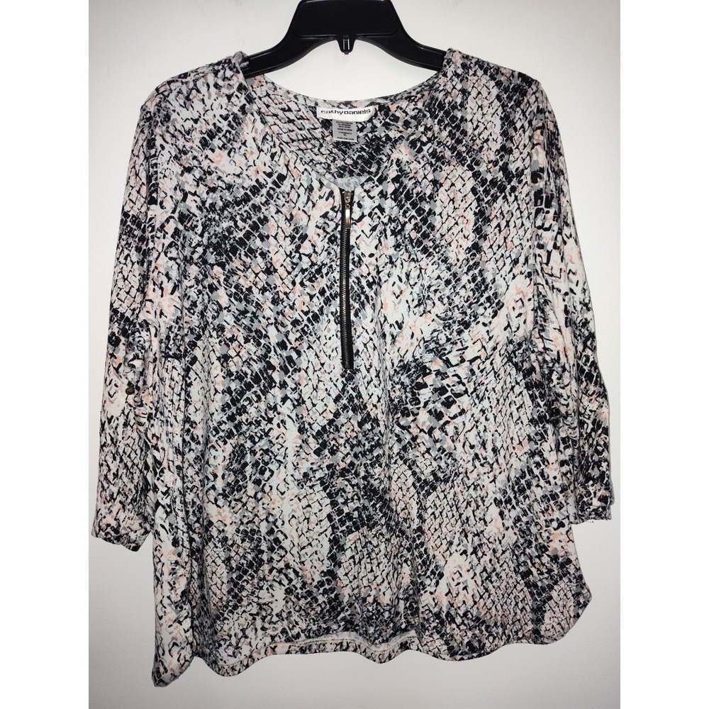 Cathy Daniels Snakeskin Print Quarter Zip Roll Tab Sleeve Blouse XL Peach Black